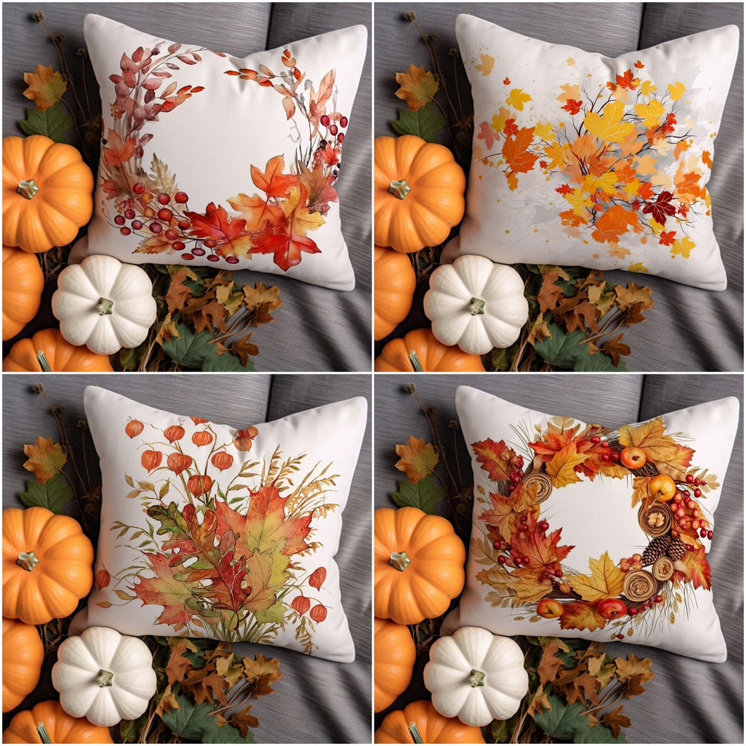 Cozy Autumn Cushion Cover|Dry Autumn Leaves Pillow Case|Boho Fall Cushion Case|Red Berries Pillow Cover|Outdoor Pillow Sham|Pine Cone Pillow