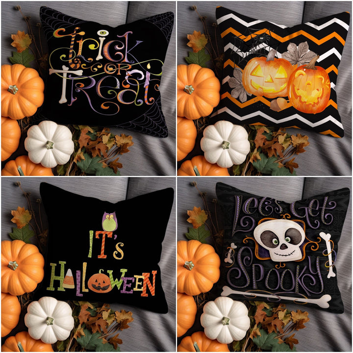 Trick or Treat Pillowcase|Halloween Cushion Cover|Lets Get Spooky Cushion Case|Carved Pumpkin Throw Pillowtop|Skull Pillow Cover