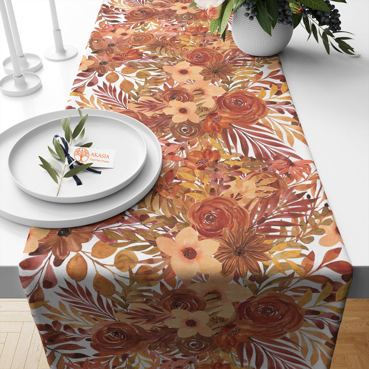 Fall Table Runner|Flower Table Setting|Autumn Table Topper|Leaf Tablecloth|Pumpkin Table Coverlet|Thanksgiving Table Top|Seasonal Kitchen