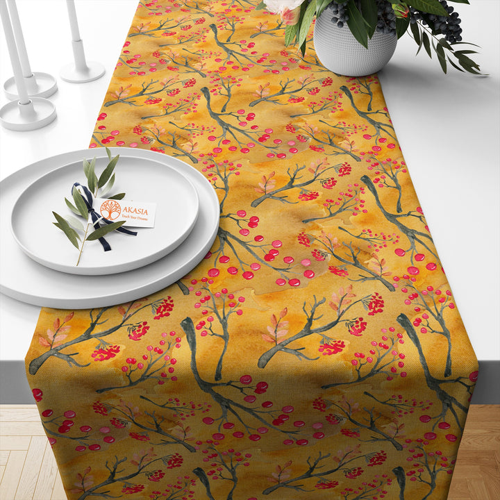 Autumn Table Coverlet|Striped Table Top|Orange Tablecloth|Leaf Kitchen Decor|Fall Table Topper|Geometric Table Setting|Red Berry Table Decor