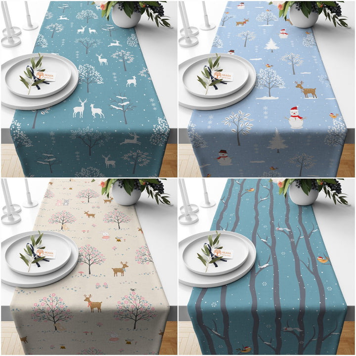 Winter Trend Table Cover|Animal Table Decor|Bird Table Runner|Snowman Tablecloth|Xmas Kitchen Decor|Deer Table Sheet|Tree Print Table Cover