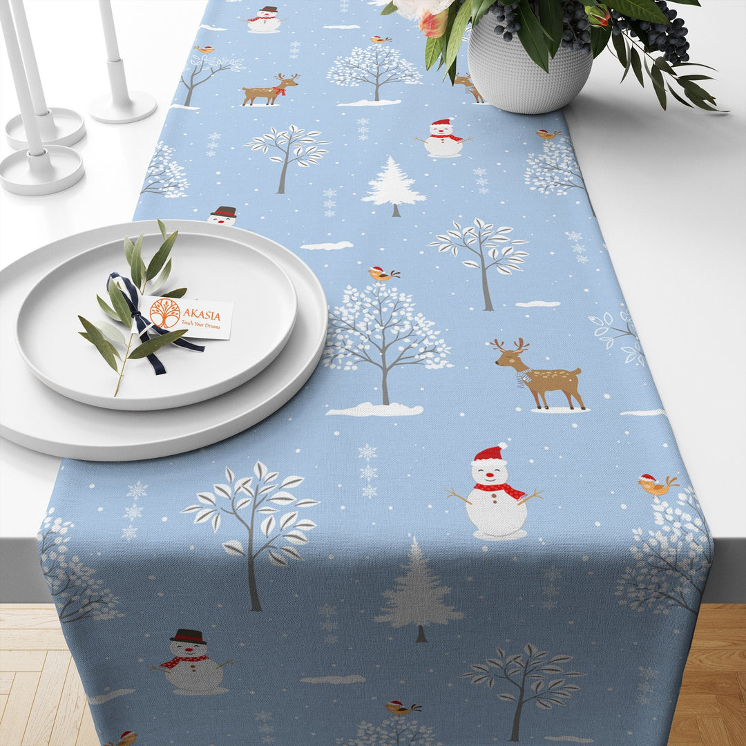 Winter Trend Table Cover|Animal Table Decor|Bird Table Runner|Snowman Tablecloth|Xmas Kitchen Decor|Deer Table Sheet|Tree Print Table Cover