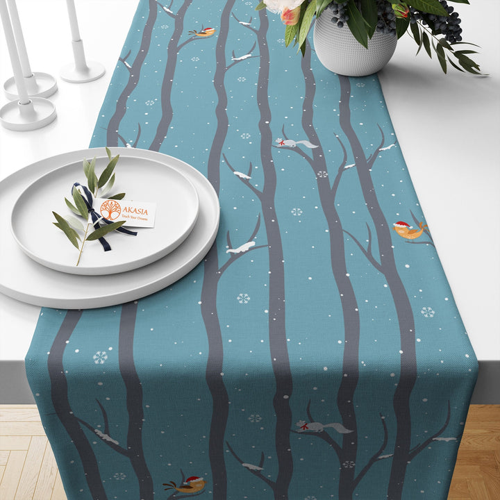 Winter Trend Table Cover|Animal Table Decor|Bird Table Runner|Snowman Tablecloth|Xmas Kitchen Decor|Deer Table Sheet|Tree Print Table Cover