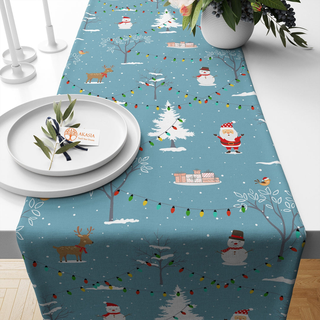 Winter Table Runner|Deer Print Kitchen Decor|Pine Tree Table Sheet|Snowman Table Decor|Santa Claus Table Cover|Xmas Tablecloth for Party