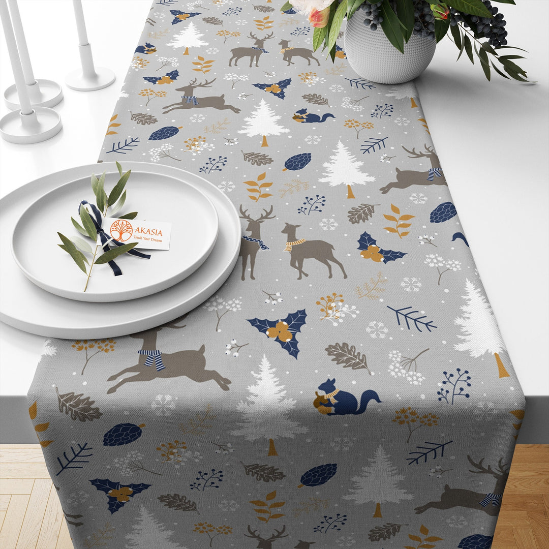 Winter Table Runner|Deer Print Kitchen Decor|Pine Tree Table Sheet|Snowman Table Decor|Santa Claus Table Cover|Xmas Tablecloth for Party