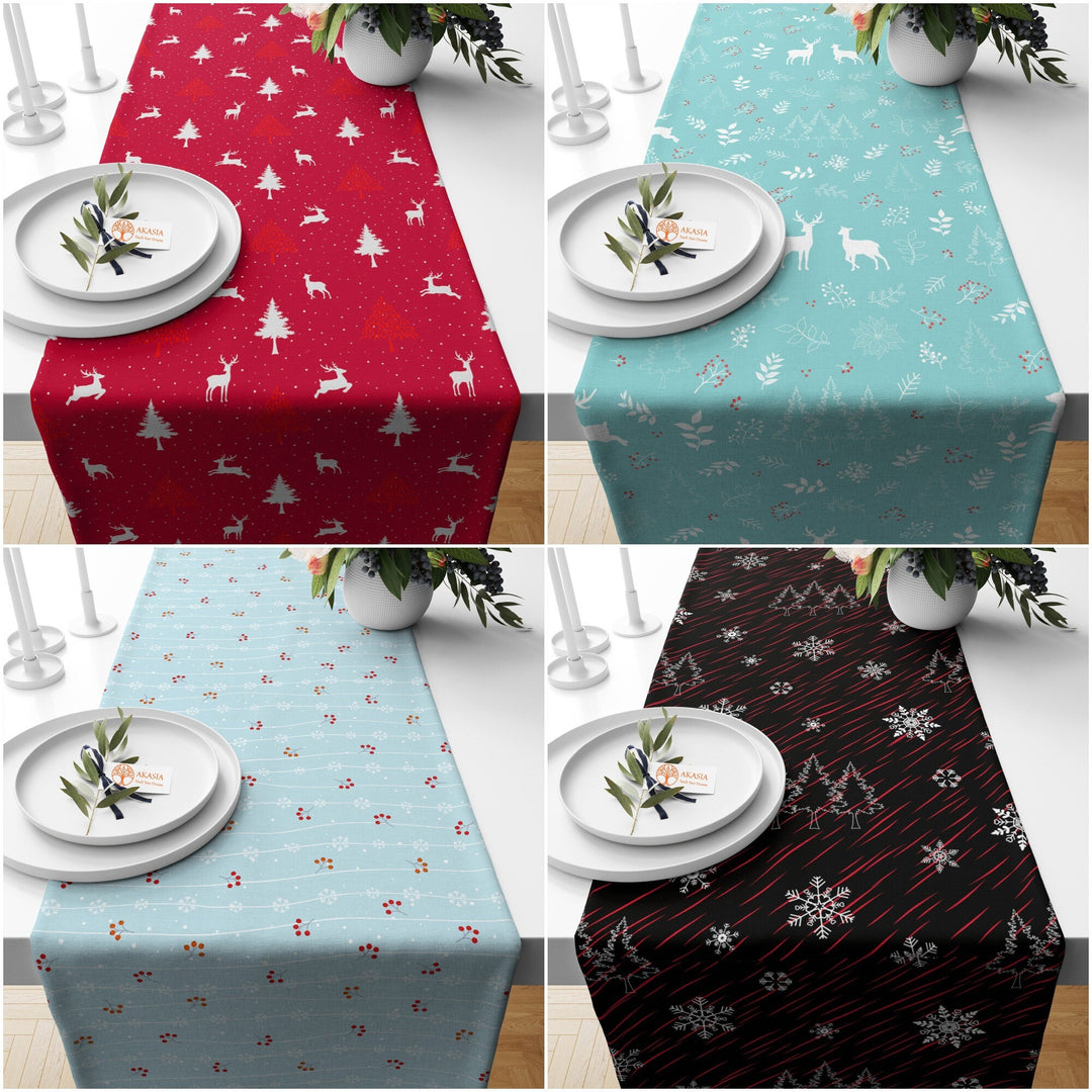 Winter Trend Table Sheet|Pine Tree Table Runner|Xmas Design Table Decor|Deer Tablecloth|Snowflake Kitchen Decor|Berry Print Table Cover