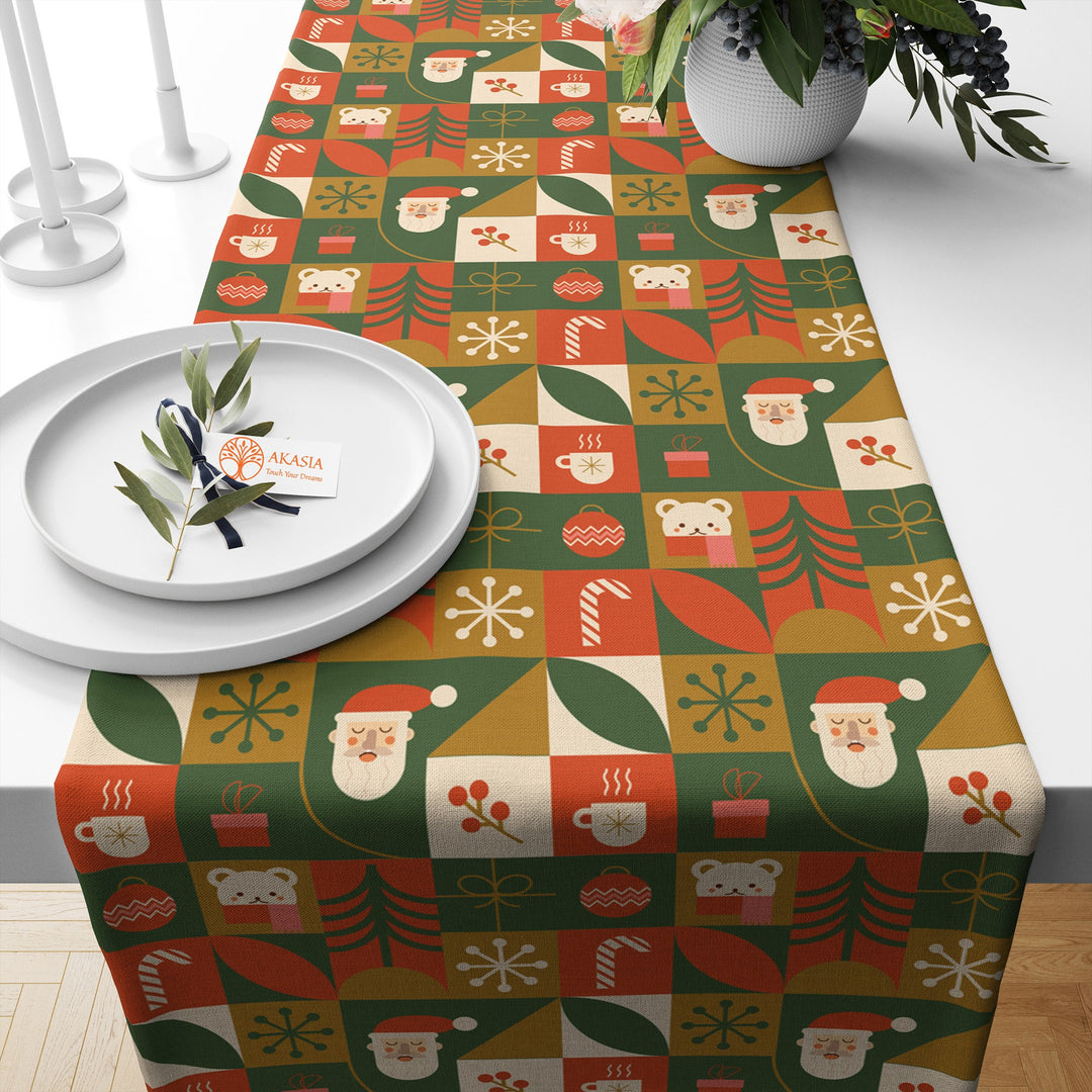 Retro Design Christmas Runner|Cake Table Decor|Cookie Table Runner|Snowman Table Sheet|Winter Tablecloth|Xmas Table Cover|Merry Xmas Runner