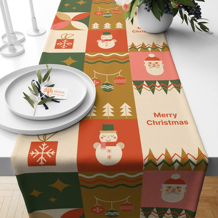 Retro Design Christmas Runner|Cake Table Decor|Cookie Table Runner|Snowman Table Sheet|Winter Tablecloth|Xmas Table Cover|Merry Xmas Runner