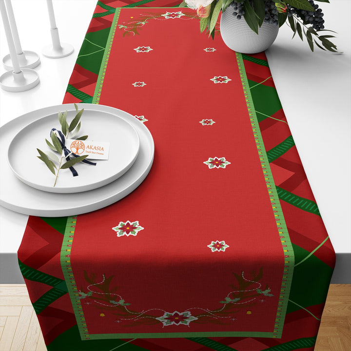 Merry Christmas Table Cover|Snowflake Table Runner|Pine Tree Needles Table Decor|Red Green Kitchen Decor|Xmas Table Sheet|Winter Tablecloth