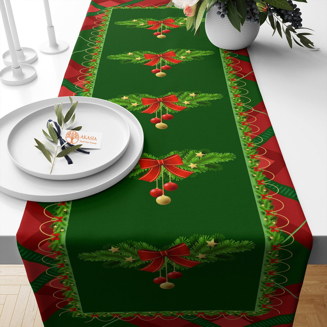 Merry Christmas Table Cover|Snowflake Table Runner|Pine Tree Needles Table Decor|Red Green Kitchen Decor|Xmas Table Sheet|Winter Tablecloth