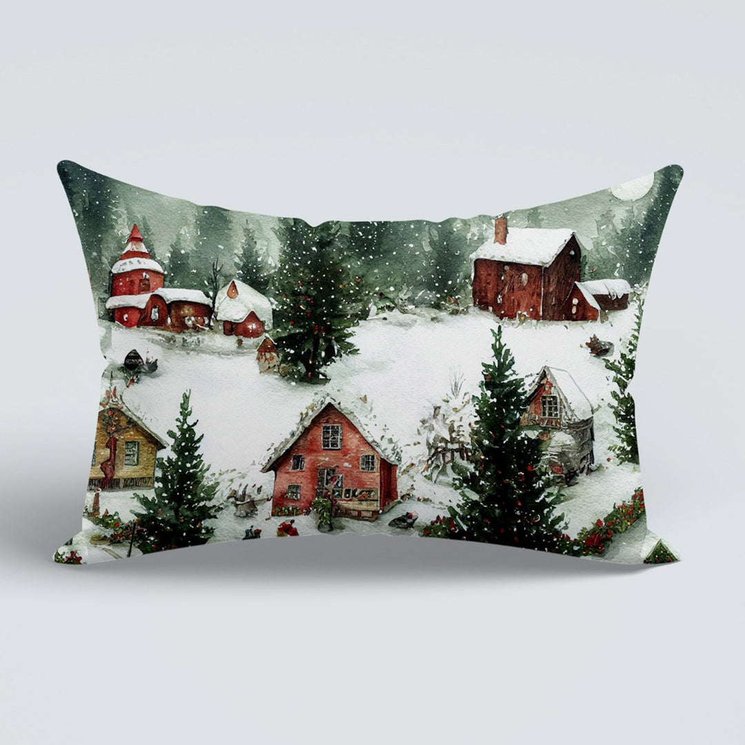 Winter Couch Cushion Cover|Xmas Gift Box Porch Cushion Case|Snowman Sofa Pillow Case|Snow House Outdoor Lumbar Pillow|Christmas Pillow Cover