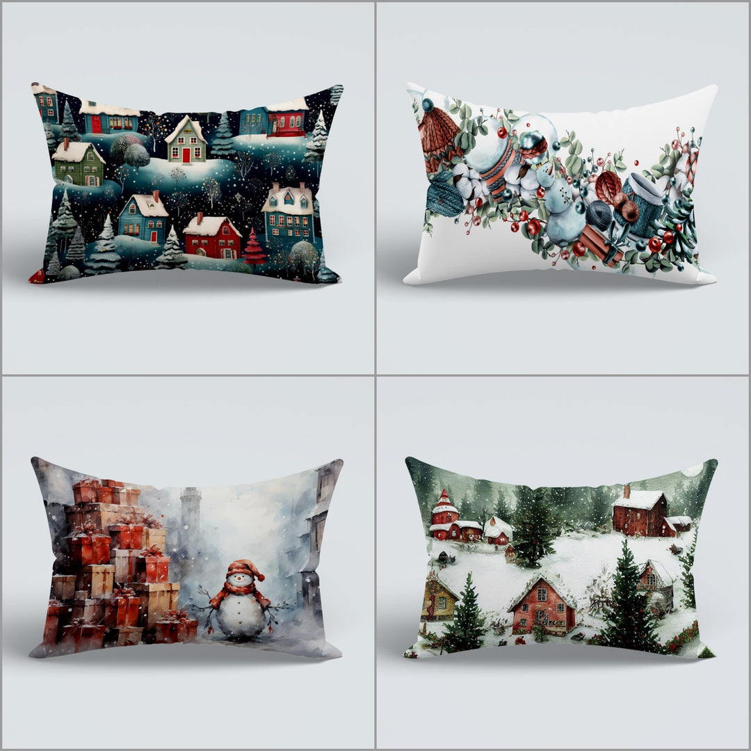 Winter Couch Cushion Cover|Xmas Gift Box Porch Cushion Case|Snowman Sofa Pillow Case|Snow House Outdoor Lumbar Pillow|Christmas Pillow Cover