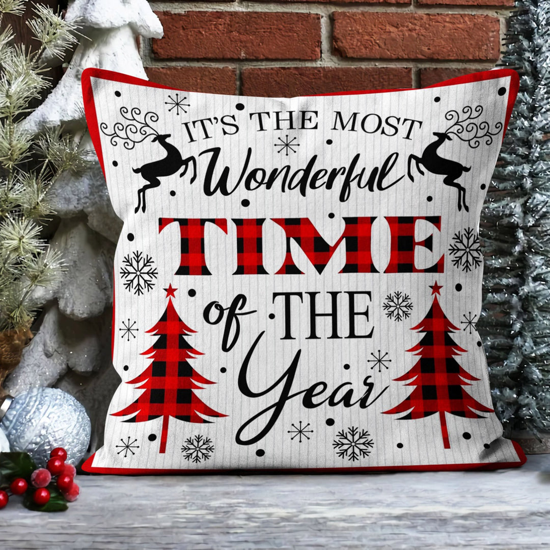 Merry Xmas Porch Cushion Case|It’s The Most Wonderful Time of The Year Print Sofa Pillow Case|Checkered Pine Tree Pillow Cover