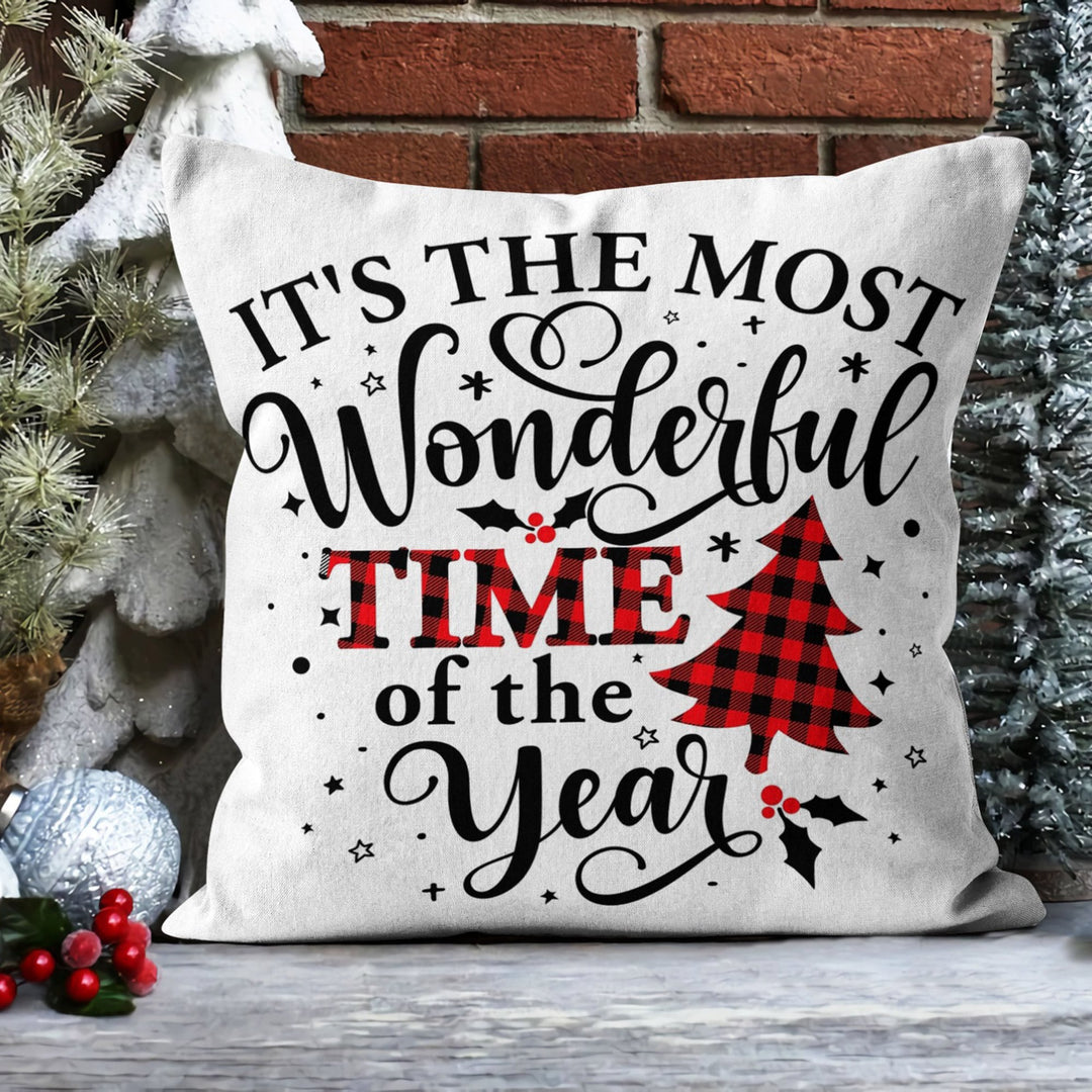 Merry Xmas Porch Cushion Case|It’s The Most Wonderful Time of The Year Print Sofa Pillow Case|Checkered Pine Tree Pillow Cover