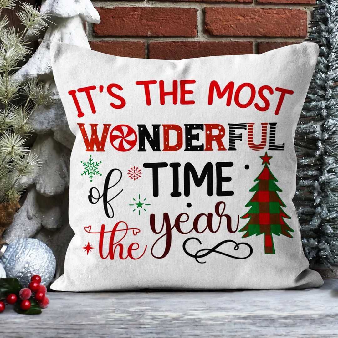 Merry Xmas Porch Cushion Case|It’s The Most Wonderful Time of The Year Print Sofa Pillow Case|Checkered Pine Tree Pillow Cover