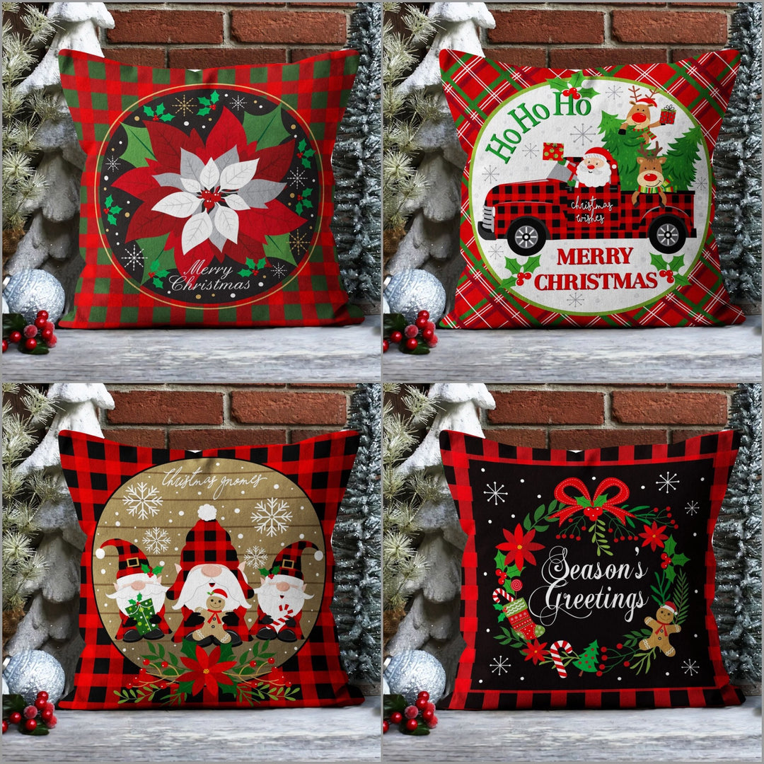 Merry Xmas Porch Pillow Sham|Gnome Outdoor Pillowcase|Cute Stag And Santa Throw Pillow Cover|Poinsettia Cushion Case|Plaid Sofa Pillow Sham