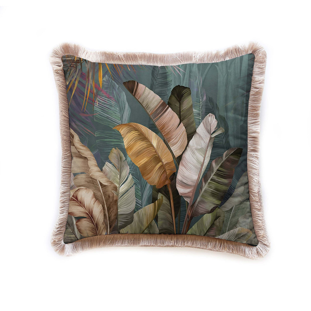 Tropical Pillow Case|Frilly Abstract Brown Cushion Case|Decorative Pillowcase|Leaf Print Cushion Cover|Housewarming Throw Pillow Cover