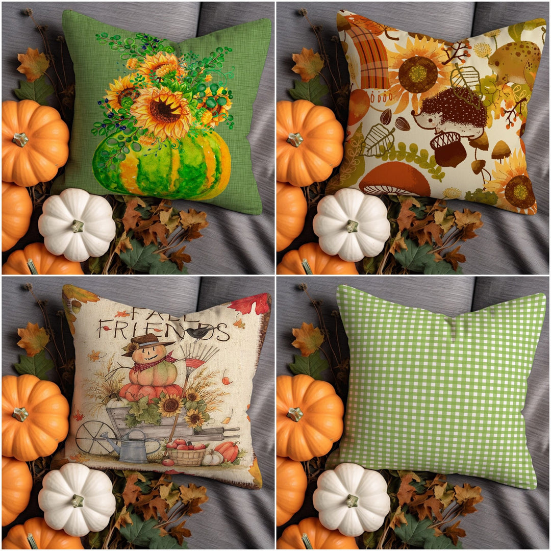 Green Pumpkin Cushion Cover|Cozy Outdoor Pillowcase|Gingham Pattern Pillowcase|Acorn Pillow Cover|Hedgehog Pillow Case|Autumn Cushion Case