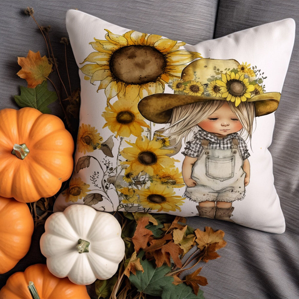 Boho Autumn Throw Pillowtop|Wheelbarrow Pillow Case|Cute Girl Cushion Cover|Sunflower Cushion Case|Red Berries Pillow Cover|Cozy Fall Pillow