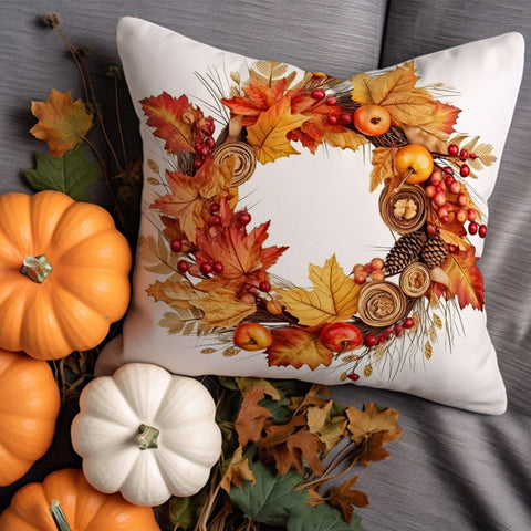 Cozy Autumn Cushion Cover|Dry Autumn Leaves Pillow Case|Boho Fall Cushion Case|Red Berries Pillow Cover|Outdoor Pillow Sham|Pine Cone Pillow