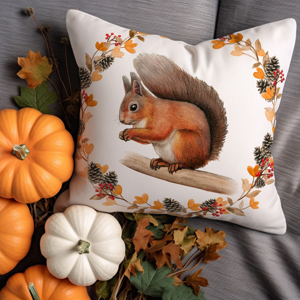 Squirrel Pillow Sham|Fall Cushion Cover|Plaid Pillow Cover|Comfy Cushion Case|Autumn Throw Pillowtop|Autumn Leaf Pillow Case|Cozy Pillow