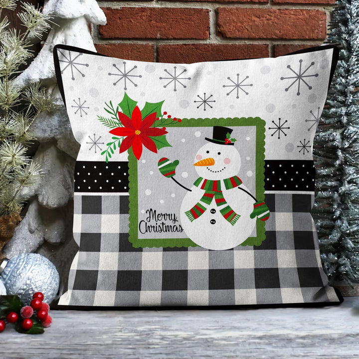 Snowman Throw Pillow Sham|Winter Outdoor Pillowcase|Merry Xmas Cushion Case|Plaid Design Home Decor|Snowflake Print Pillow Cover