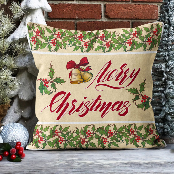 Merry Xmas Sofa Pillow Top|Red Berry Outdoor Pillowcase|Joy To The World Cushion Case|Bird Decor|Xmas Bell Throw Pillow Cover|Winter Pillow