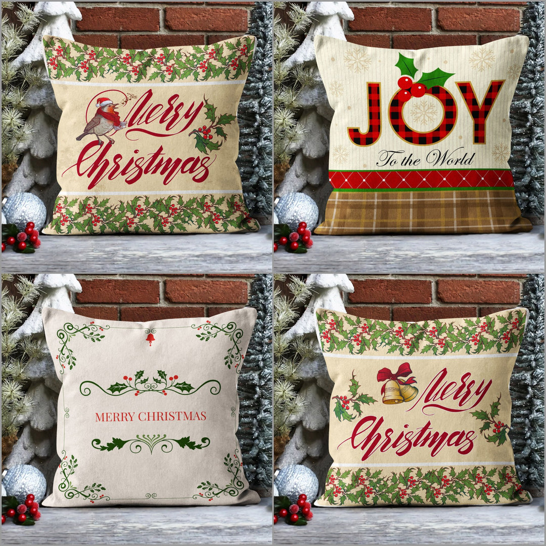 Merry Xmas Sofa Pillow Top|Red Berry Outdoor Pillowcase|Joy To The World Cushion Case|Bird Decor|Xmas Bell Throw Pillow Cover|Winter Pillow