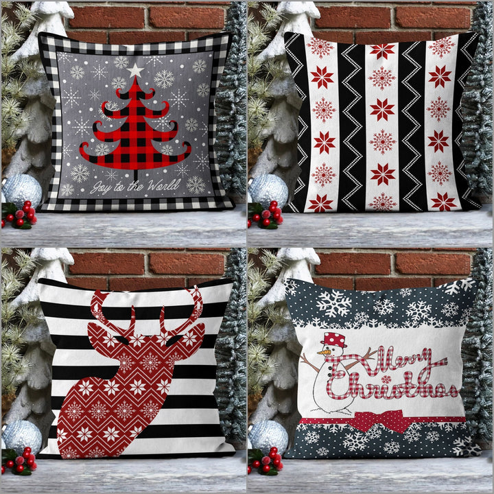 Merry Xmas Throw Pillow Case|Winter Snowman Cushion Case|Checkered Deer Sofa Pillow Sham|Snowflake Home Decor|Pine Tree Outdoor Pillowcase