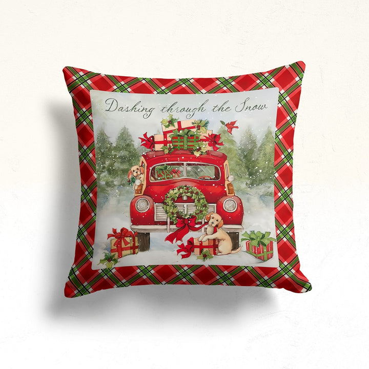 Plaid Design Winter Sofa Pillow Case|Red White Poinsettia Cushion Case|Outdoor Pillowcase|Xmas Truck Full of Gift Boxes Throw Pillow Top