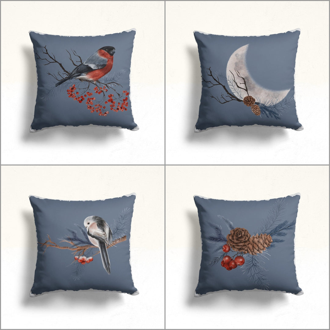 Winter Bird Throw Pillow Cover|Moon Throw Pillow Case|Farmhouse Cushion Cover|Red Berry Outdoor Pillowcase|Pine Cone Sofa Pillow Sham