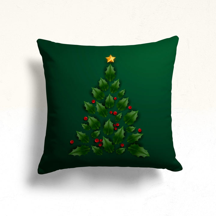 Red Berry Throw Cushion Cover|Green Red Winter Trend Pillowcase|Leaf Print Throw Pillow Case|Xmas Tree Porch Pillow Sham|Housewarming Pillow