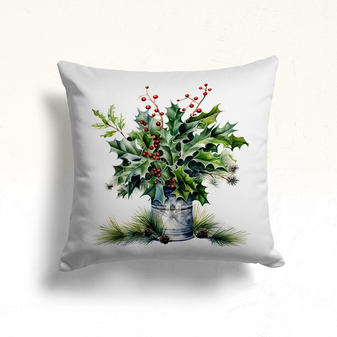 Floral Red Berry Sofa Pillowtop|Christmas Berries Outdoor Pillow|Winter Porch Cushion Case|Xmas Throw Pillow Case|Pine Tree Needles Pillow