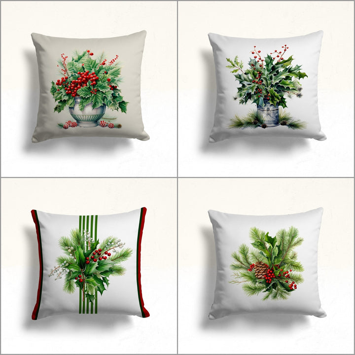 Floral Red Berry Sofa Pillowtop|Christmas Berries Outdoor Pillow|Winter Porch Cushion Case|Xmas Throw Pillow Case|Pine Tree Needles Pillow