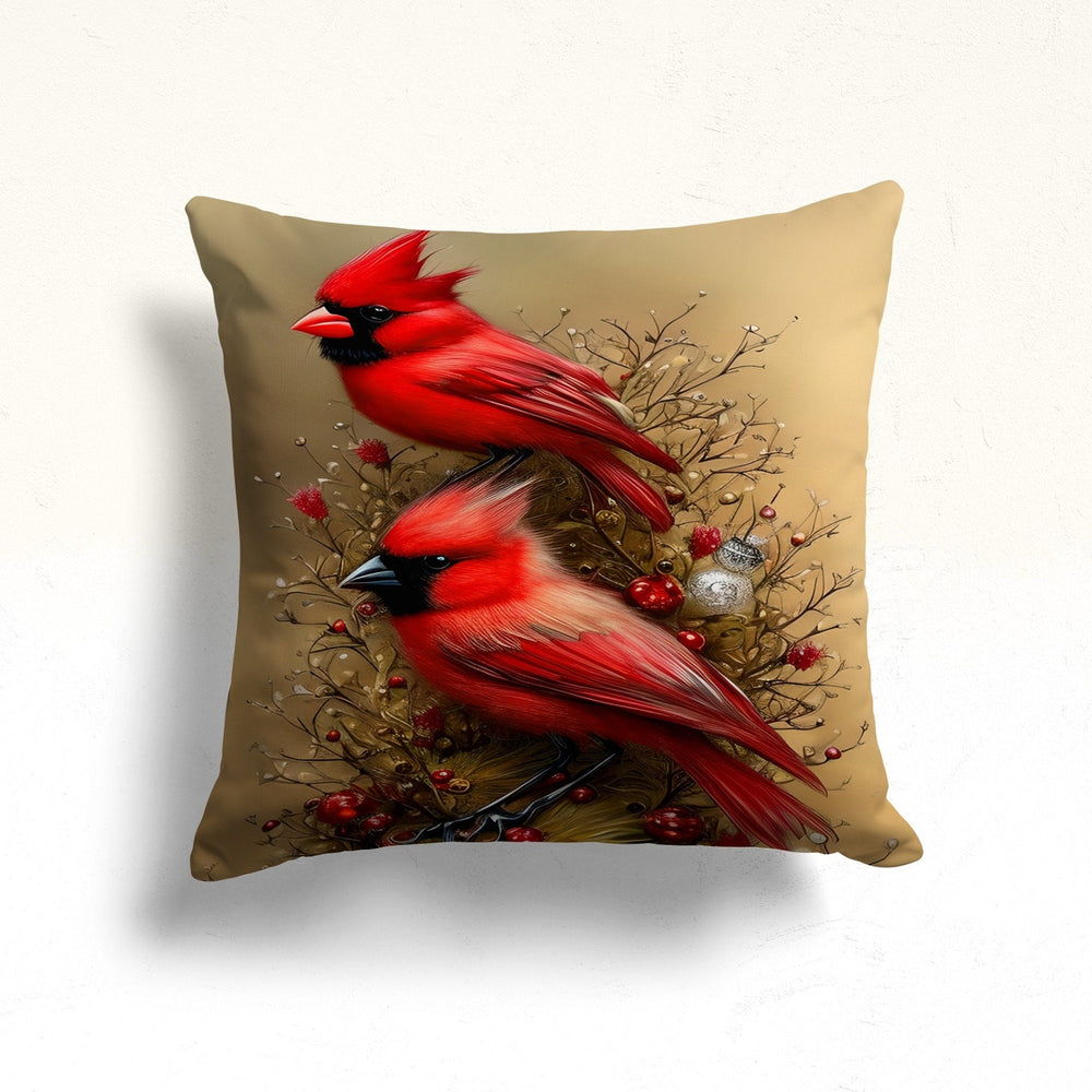 Christmas Throw Pillow Case|Winter Pillow Cover|Red Cardinal Bird Porch Cushion Case|White Poinsettia Outdoor Pillowcase|Berry Sofa Pillow