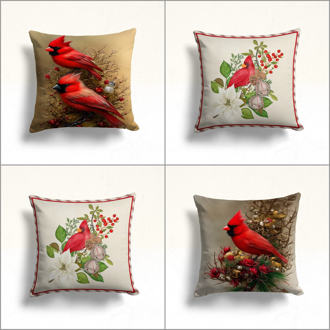 Christmas Throw Pillow Case|Winter Pillow Cover|Red Cardinal Bird Porch Cushion Case|White Poinsettia Outdoor Pillowcase|Berry Sofa Pillow