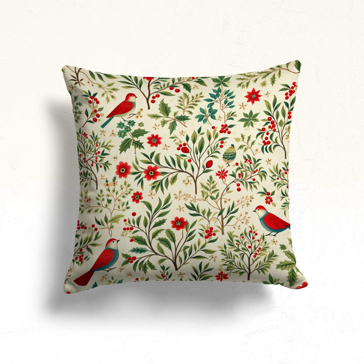 Winter Outdoor Pillowcase|Red Poinsettia Sofa Pillow Case|Bird Throw Pillowtop|Red Berry Pillow Cover|Xmas Ornament Porch Cushion Case