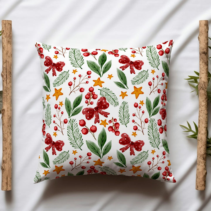 Winter Throw Pillowtop|Red Poinsettia Porch Cushion Case|Red Berries Outdoor Pillowcase|Xmas Pine Tree Pillow Cover|Star Sofa Pillow Case