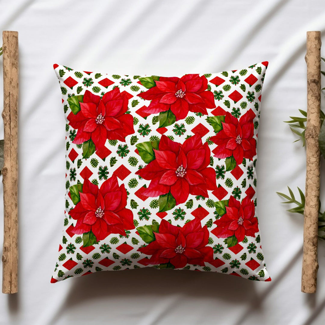 Winter Throw Pillowtop|Red Poinsettia Porch Cushion Case|Red Berries Outdoor Pillowcase|Xmas Pine Tree Pillow Cover|Star Sofa Pillow Case