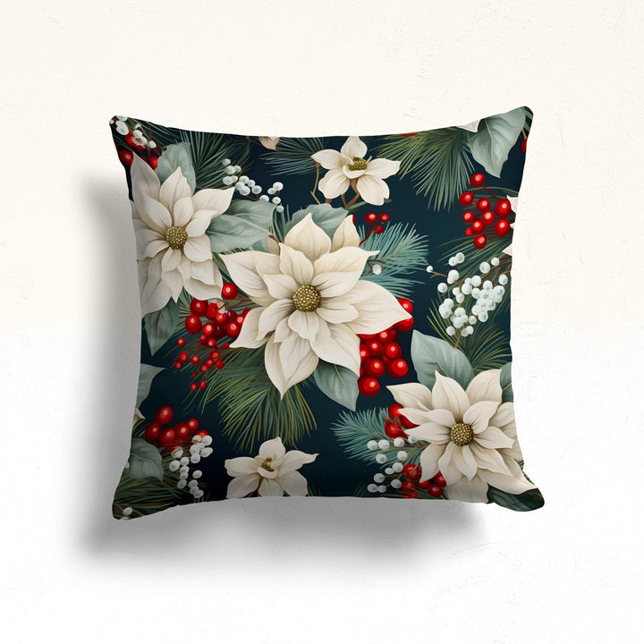 Christmas Pillowcase|Winter Throw Pillowtop|Red And White Poinsettia Sofa Pillow Case|Gift Box Porch Cushion Case|Red Berry Outdoor Pillow