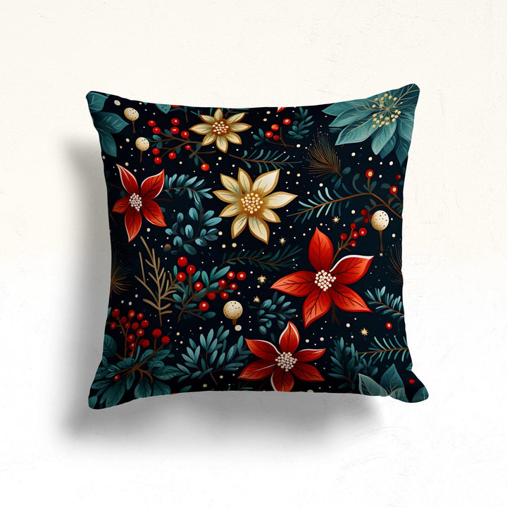 Christmas Pillowcase|Winter Throw Pillowtop|Red And White Poinsettia Sofa Pillow Case|Gift Box Porch Cushion Case|Red Berry Outdoor Pillow