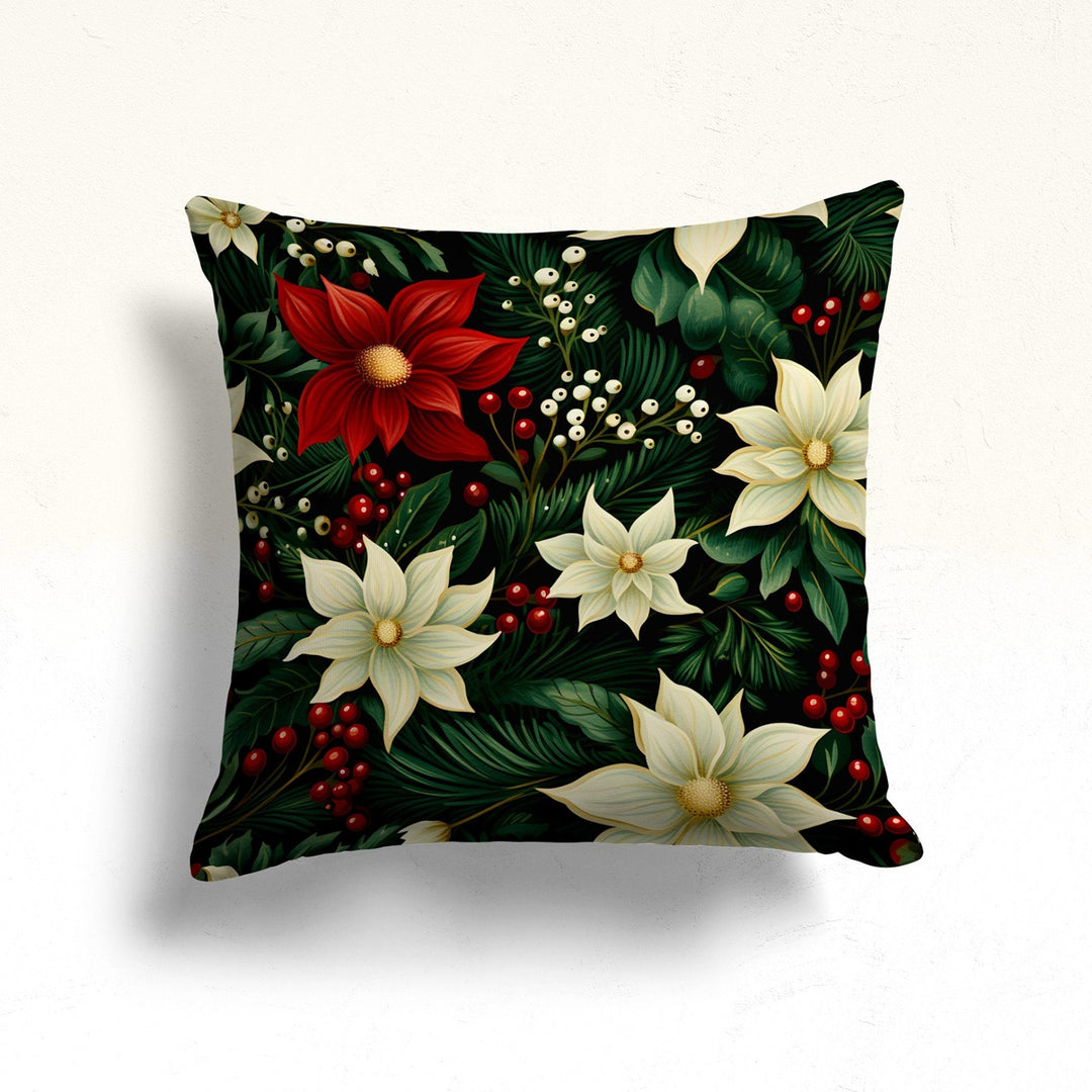 Christmas Pillowcase|Winter Throw Pillowtop|Red And White Poinsettia Sofa Pillow Case|Gift Box Porch Cushion Case|Red Berry Outdoor Pillow