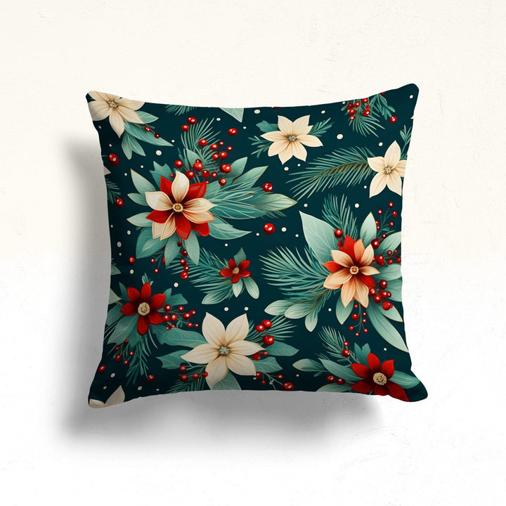 Christmas Pillowcase|Winter Throw Pillowtop|Red And White Poinsettia Sofa Pillow Case|Gift Box Porch Cushion Case|Red Berry Outdoor Pillow