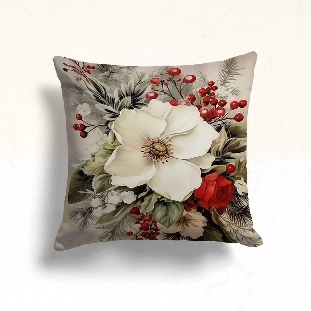 Christmas Porch Pillow Case|Red Poinsettia Outdoor Pillow|White Poinsettia Sofa Cushion Case|Red Berries Throw Pillowtop|Winter Pillow Cover