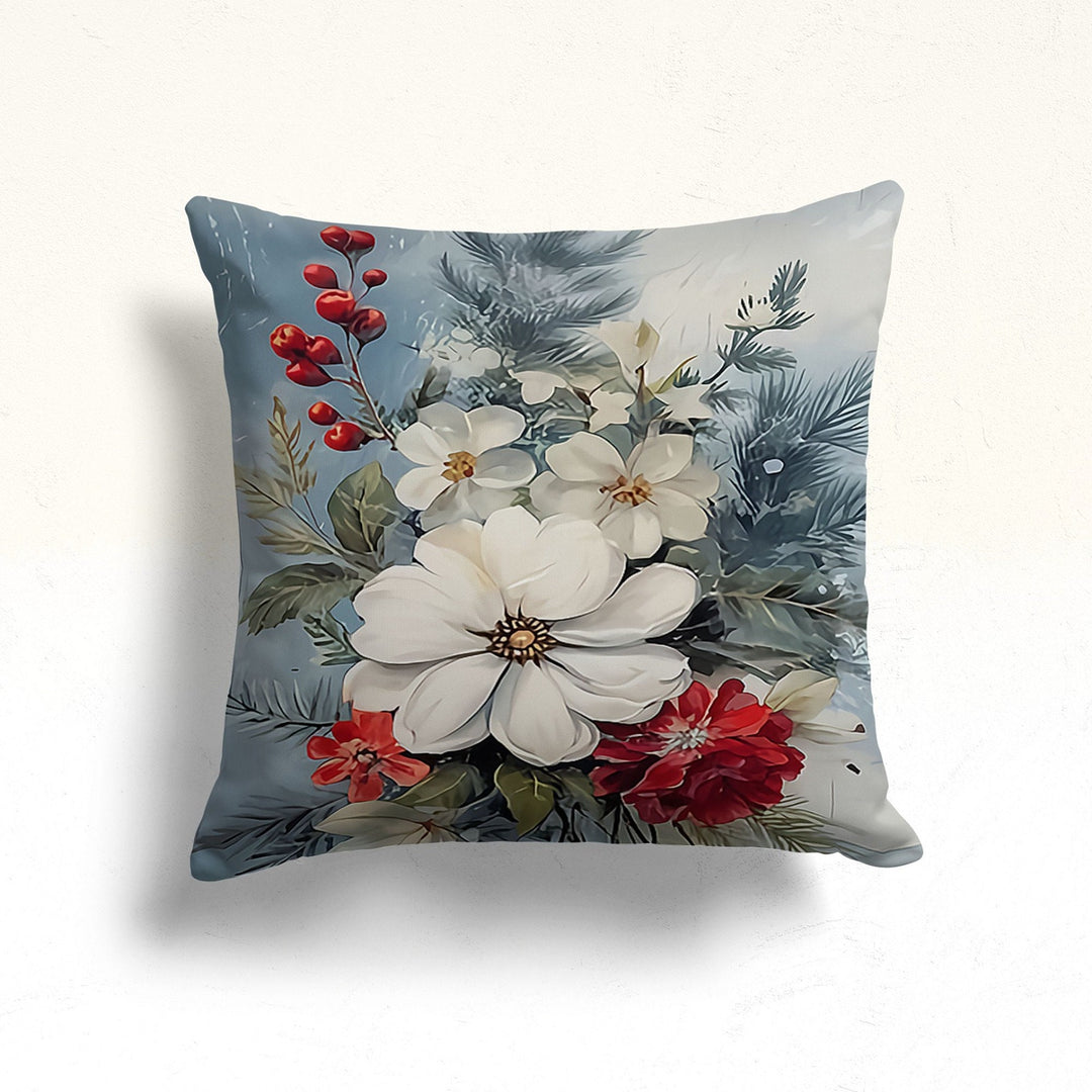 Christmas Porch Pillow Case|Red Poinsettia Outdoor Pillow|White Poinsettia Sofa Cushion Case|Red Berries Throw Pillowtop|Winter Pillow Cover