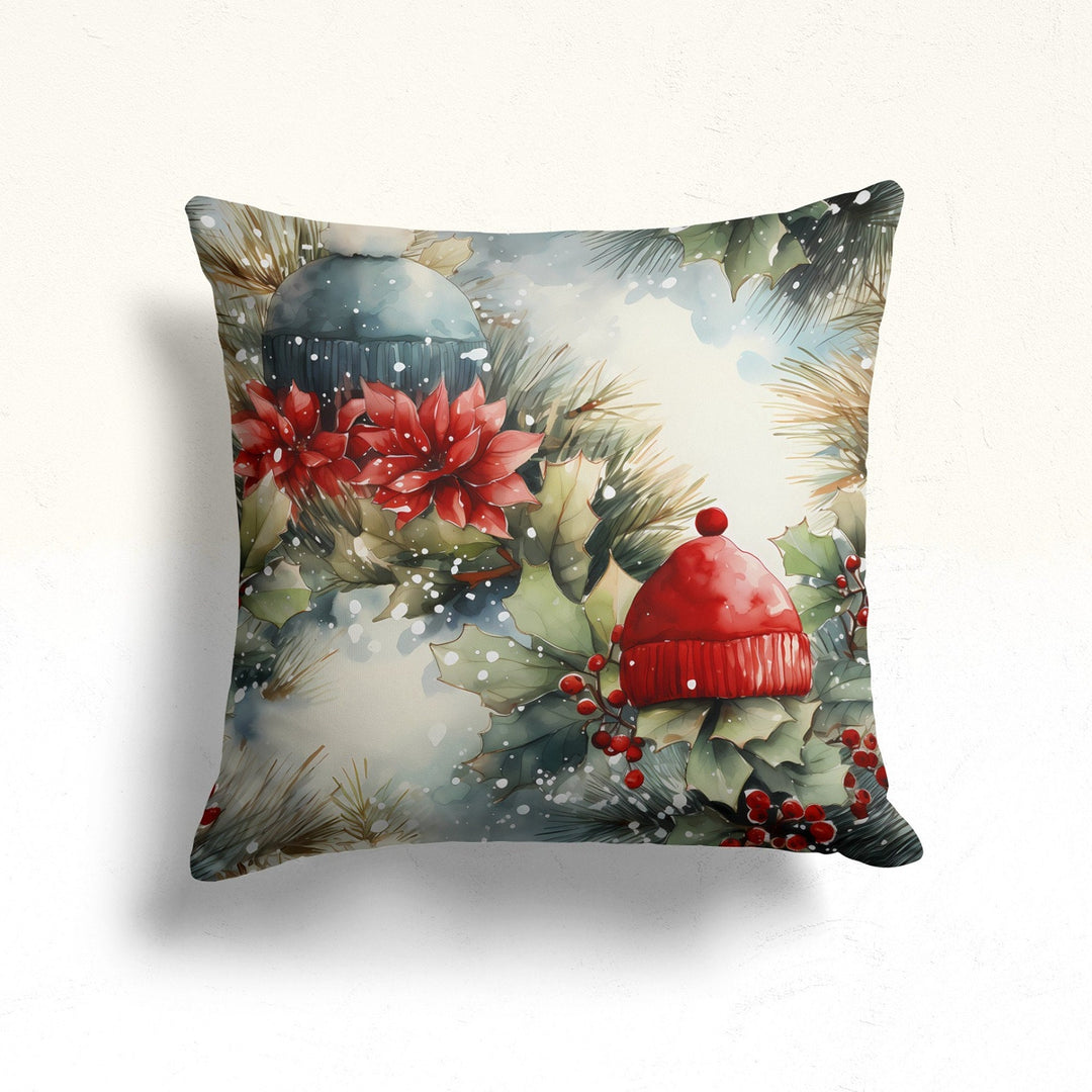 Christmas Porch Pillow Case|Red Poinsettia Outdoor Pillow|White Poinsettia Sofa Cushion Case|Red Berries Throw Pillowtop|Winter Pillow Cover