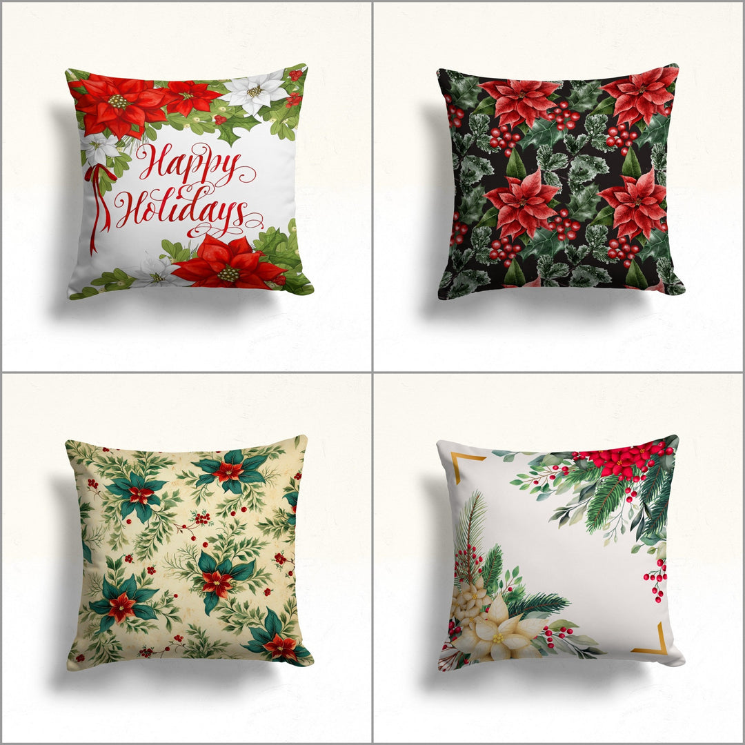 Happy Holidays Sofa Pillowtop|Red Poinsettia Throw Pillow Case|Winter Porch Cushion Case|Xmas Red Berry Outdoor Pillowcase|White Poinsettia