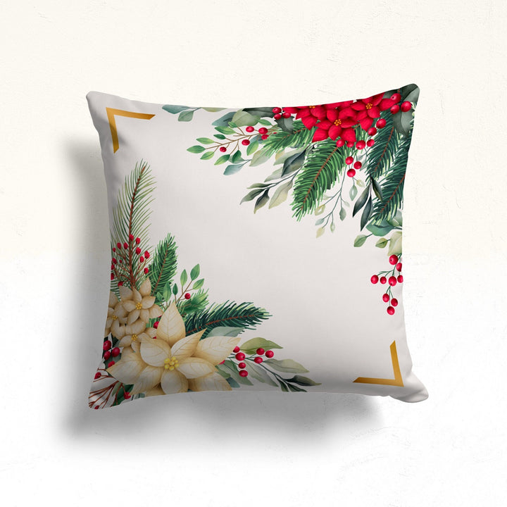 Happy Holidays Sofa Pillowtop|Red Poinsettia Throw Pillow Case|Winter Porch Cushion Case|Xmas Red Berry Outdoor Pillowcase|White Poinsettia