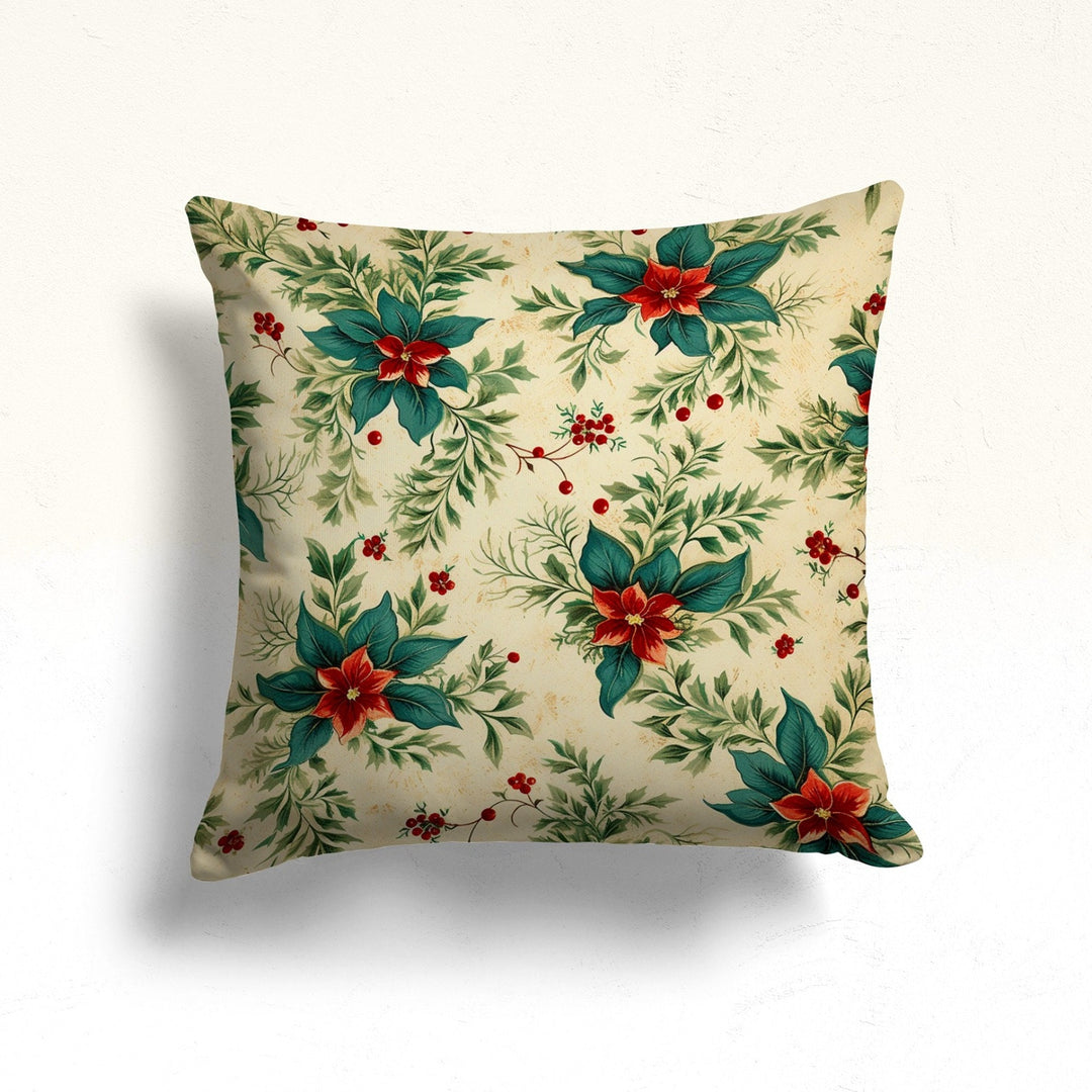 Happy Holidays Sofa Pillowtop|Red Poinsettia Throw Pillow Case|Winter Porch Cushion Case|Xmas Red Berry Outdoor Pillowcase|White Poinsettia