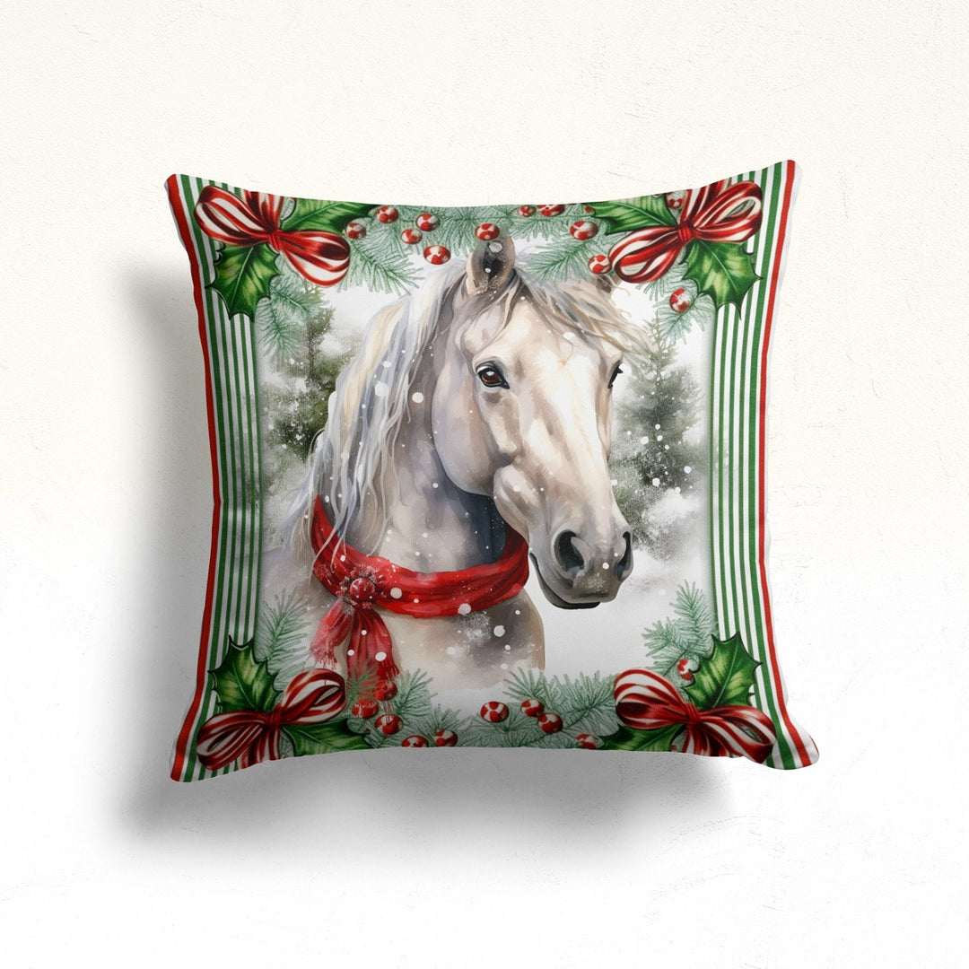 Horse Print Winter Pillow Case|Christmas Pillow Cover|Red Berries Outdoor Pillowtop|Snowflake Porch Cushion Case|Xmas Ornament Pillow